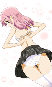 1girl adjusting_clothes alternate_hairstyle ass back black_skirt blush bra dressing dutch_angle from_behind hair_down kaname_madoka kinfuji lingerie loli long_hair looking_at_viewer looking_back mahou_shoujo_madoka_magica mahou_shoujo_madoka_magica_(anime) no_shirt open_bra panties pantyshot pink_eyes pink_hair plaid_clothes plaid_skirt pleated_skirt school_uniform skirt smile solo standing thigh_gap thighhighs underwear undressing unfastened upskirt white_bra white_panties white_thighhighs