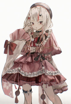 Rule 34 | 1girl, absurdres, beret, black choker, black hat, choker, cokei, dress, frilled dress, frills, hat, highres, hololive, horn ornament, horns, legband, long hair, long sleeves, looking at viewer, multicolored hair, nakiri ayame, oni, open mouth, red eyes, red hair, simple background, virtual youtuber, white hair