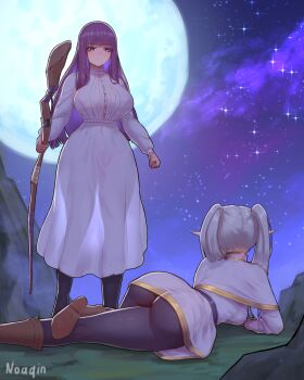 2girls alternate_body_size alternate_breast_size artist_name ass ass_focus belt black_pantyhose boots breasts brown_boots cloud cloudy_sky curvy dress elf fern_(sousou_no_frieren) frieren full_moon grass highres holding holding_staff huge_breasts long_bangs long_hair looking_at_another lying marvel medium_breasts meme moon multiple_girls narrow_waist night noaqin on_stomach pantyhose parody pointy_ears purple_eyes purple_hair rock rogue_vs_apocalypse_(meme) scene_reference see-through_clothes see-through_dress see-through_silhouette sky sousou_no_frieren staff star_(sky) starry_sky twintails white_hair x-men x-men:_the_animated_series
