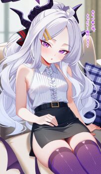 1girl ahoge belt black_belt black_halo black_skirt black_thighhighs blue_archive blush breasts commentary_request demon_girl demon_horns demon_wings halo highres hina_(blue_archive) horns indoors karaage_(xxxmido02) long_hair looking_at_viewer low_wings purple_eyes sitting skirt small_breasts solo thighhighs thighs translation_request very_long_hair white_hair wings
