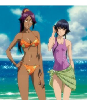 00s 2girls anime_screenshot arm_up bare_arms bare_legs beach bikini black_hair bleach blue_hair blue_sky blush bra breasts cleavage cloud collarbone dark-skinned_female dark_skin day facing_viewer grey_eyes hair_tie hand_in_own_hair hand_on_leg hand_on_own_hip hand_on_own_leg hand_up happy high_ponytail large_breasts leg_tattoo long_hair looking_at_another looking_at_viewer medium_breasts midriff multiple_girls navel ocean one-piece_swimsuit orange_bikini orange_bra orange_panties outdoors panties parted_lips ponytail purple_hair purple_one-piece_swimsuit sarong shihouin_yoruichi short_hair side-tie_bikini_bottom side-tie_panties sky small_breasts smile standing star_(symbol) star_print sui-feng swimsuit tattoo teeth underwear water white_cloud yellow_eyes
