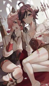 Rule 34 | 2boys, absurdres, ahoge, akumana, aqua hair, beret, bite mark, bite mark on neck, black gloves, black hair, black shorts, bottle, braid, candelabra, candlestand, collared shirt, commentary, cup, dahlia (genshin impact), drinking glass, fangs, flower, genshin impact, gloves, gradient hair, hair between eyes, hair flower, hair ornament, hat, highres, male focus, multicolored hair, multiple boys, open mouth, pink hair, shirt, short hair, shorts, signature, thighs, trap, twin braids, twitter username, untranslatable commentary, venti (genshin impact), white hat, white shirt, wine bottle, wine glass