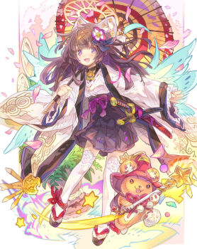 1girl :d black_skirt blue_wings bow brown_hair brown_sandals character_request commentary_request commission emil_chronicle_online full_body hair_bow haku_(sabosoda) hat highres holding holding_umbrella japanese_clothes katana kimono long_hair long_sleeves oil-paper_umbrella open_mouth petals pleated_skirt purple_eyes red_hat sandals sheath sheathed skeb_commission skirt sleeves_past_wrists smile solo stuffed_animal stuffed_toy sword tabi teddy_bear thighhighs umbrella very_long_hair weapon white_bow white_kimono white_thighhighs wide_sleeves wings witch_hat zouri