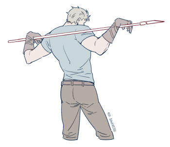 1boy arms_up batphone1939 belt blonde_hair blue_shirt brown_belt brown_gloves brown_pants character_name cid_highwind cropped_legs final_fantasy final_fantasy_vii from_behind gloves highres male_focus pants polearm shirt short_hair short_sleeves simple_background solo t-shirt weapon weapon_across_shoulders white_background