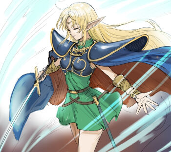 1girl absurdres armor belt blonde_hair blue_armor blue_cape bracelet breastplate cape circlet closed_eyes closed_mouth commentary_request deedlit elf green_tunic highres holding holding_sword holding_weapon jewelry long_hair mhg_(hellma) pauldrons pointy_ears record_of_lodoss_war sheath shoulder_armor sketch solo sword thighs tunic two-tone_cape weapon