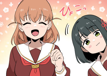 2girls :d ^_^ absurdres blush blush_stickers brown_dress brown_hair closed_eyes closed_mouth commentary dress flower_symbol gradient_background green_eyes hasu_no_sora_school_uniform highres hinoshita_kaho koaraya link!_like!_love_live! long_sleeves looking_at_viewer love_live! medium_hair momose_ginko multiple_girls nirei_nozomi open_mouth orange_background peeking_out sailor_collar sailor_dress sakurai_hina school_uniform smile straight-on two_side_up virtual_youtuber voice_actor_connection white_sailor_collar winter_uniform