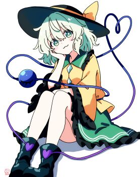 Rule 34 | 1girl, absurdres, black hat, closed mouth, commentary request, frilled skirt, frilled sleeves, frills, green eyes, green hair, green skirt, hat, head rest, highres, komeiji koishi, looking at viewer, pioartstuff, shadow, shirt, simple background, sitting, skirt, smile, solo, thighs, touhou, white background, wide sleeves, yellow shirt