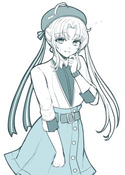Rule 34 | 1girl, ahoge, akitsushima (kancolle), akitsushima (mitsukoshi) (kancolle), belt, beret, blue theme, blush, collared shirt, commentary request, earrings, eyelashes, hat, hat ribbon, highres, jewelry, kantai collection, long hair, looking at viewer, monochrome, nagi kantai114, ribbon, shirt, shirt tucked in, side ponytail, simple background, skirt, solo, sweat
