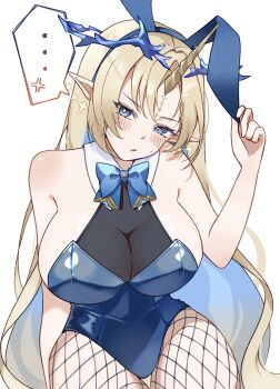 ... 1010_(wuthering1010) 1girl absurdres alternate_costume anger_vein animal_ear_hairband animal_ears bare_shoulders blonde_hair blue_eyes blue_hair blue_leotard blush breasts colored_inner_hair commentary crown_of_thorns earrings fake_animal_ears fishnet_pantyhose fishnets fleurdelys_(wuthering_waves) floating_earrings hairband highres horns huge_breasts jewelry leotard long_hair looking_at_viewer multicolored_hair pantyhose parted_lips pointy_ears rabbit_ear_hairband rabbit_ears sidelocks simple_background single_horn solo spoken_anger_vein spoken_ellipsis thigh_gap thighs very_long_hair white_background wuthering_waves yellow_horns