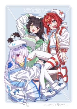 3girls :o ange_katrina animal animal_ears animal_hair_ornament animal_on_shoulder arm_up beret bird bird_on_shoulder blue_background blue_eyes blue_hair blue_jacket blush braid breasts brown_hair collar commentary_request dog_ears dog_girl fangs grey_collar group_name group_picture hair_between_eyes hair_intakes hand_on_own_knee hand_up hat heterochromia highres hood hood_down hooded_jacket hozumi_ayaka inui_toko jacket lize_helesta long_hair long_sleeves looking_at_viewer looking_to_the_side low_twin_braids matching_outfits medium_breasts medium_hair midriff_peek miniskirt multicolored_hair multiple_girls multiple_thigh_straps nijisanji official_alternate_costume open_clothes open_jacket own_hands_together pants pleated_skirt purple_eyes red_eyes red_hair sanbaka_(nijisanji) sebastian_piyodore shirt shoes single_bare_shoulder sitting skirt sleeveless sleeveless_shirt small_breasts streaked_hair stuck_in_a_box teeth thigh_strap thighhighs translation_request twin_braids twintails two-sided_fabric two-sided_jacket two-tone_hair upper_teeth_only very_long_hair virtual_youtuber white_hair white_hat white_jacket white_pants white_shirt white_shoes white_skirt white_thighhighs yellow_eyes