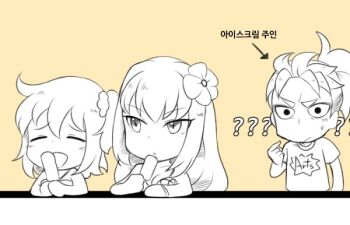 Rule 34 | 1boy, 2girls, bikini, commentary request, fate/grand order, fate (series), flower, food, fujimaru ritsuka (female), fujimaru ritsuka (female) (brilliant summer), greyscale with colored background, hair flower, hair ornament, hair scrunchie, holding, holding food, holding popsicle, korean commentary, korean text, li shuwen (fate), li shuwen (young) (fate), multiple girls, one side up, pointing, pointing at self, ponytail, popsicle, scathach (fate), scathach (fate/grand order), scathach (swimsuit assassin) (fate), scrunchie, shirt, swimsuit, t-shirt, translation request, uni (unnny)