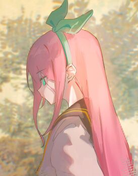 1girl absurdres aubrey_(faraway)_(omori) aubrey_(omori) black_sailor_collar blurry blurry_background bow_hairband closed_mouth from_side glitch green_eyes green_hairband hairband highres jacket kurobeko_(kur0bek0) long_hair no_mouth omori outdoors pink_hair profile sailor_collar sidelocks solo upper_body very_long_hair white_jacket