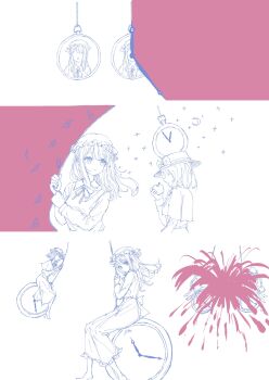 2girls black_hat blonde_hair blood bow brown_hair capelet collar commentary crescent disembodied_eye dress dress_ribbon food fruit gap_(touhou) hat hat_bow highres holding holding_food holding_fruit kashiwada_kiiho long_dress long_sleeves looking_at_another maribel_hearn medium_hair mob_cap multiple_girls necktie open_mouth pocket_watch ribbon sash shirt short_hair simple_background sitting sleeve_cuffs star_(symbol) string touhou usami_renko watch white_bow white_collar white_hat white_shirt