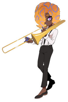 Rule 34 | 1girl, black necktie, black pants, black shoes, cephalopod eyes, collared shirt, dark-skinned female, dark skin, dede (qwea 00000), full body, hair over one eye, highres, holding, holding instrument, holding trombone, instrument, long sleeves, looking at viewer, music, necktie, nintendo, octoling, orange hair, pants, patterned hair, playing instrument, purple eyes, shirt, shirt tucked in, shoes, simple background, solo, splatoon (series), splatoon 3, standing, tao blu, tentacle hair, trombone, white background, white shirt