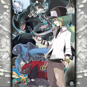 Rule 34 | 1boy, aqua eyes, archeops, artist name, baseball cap, black hat, black shirt, bracelet, brown pants, carracosta, claws, closed eyes, closed mouth, colored sclera, commentary, company name, copyright name, copyright notice, dragon, english commentary, fangs, from side, gears, gen 5 pokemon, green eyes, green hair, hat, holding, holding poke ball, jacket, jewelry, klinklang, legendary pokemon, long hair, long sleeves, male focus, merchandise available, n (pokemon), necklace, nintendo, official style, open mouth, pants, poke ball, poke ball (basic), pokemon, pokemon (creature), pokemon bw, red sclera, sharp teeth, shirt, smile, teeth, vanilluxe, void cube, watermark, white eyes, white jacket, zekrom, zekrom (overdrive), zoroark