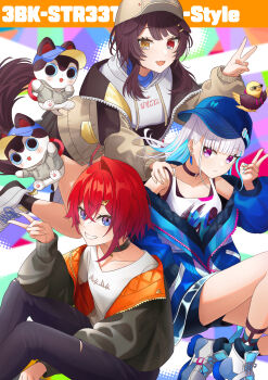 3girls :3 :d absurdres ange_katrina ange_katrina_(5th_costume) animal aqua_socks arm_between_legs banken_(inui_toko) baseball_cap bird black_choker black_hoodie black_skirt black_socks blue_eyes blue_hair blue_hat blue_jacket blue_nails blue_shorts blunt_bangs breasts brown_hair brown_hat brown_jacket brown_tail choker closed_mouth clothed_animal clothes_writing collarbone colored_inner_hair colorful_background commentary commentary_request creature crossed_bangs dicotyle_dons dog_girl dog_tail earrings ears_down ears_through_headwear english_commentary english_text eyelashes fanged_bangs fangs gradient_eyes grey_hoodie grey_jacket grin group_name hair_between_eyes hair_ornament hairclip hand_on_another&#039;s_shoulder hand_up hat heterochromia highres hood hoodie inui_toko inui_toko_(hoodie) jacket jewelry lize_helesta lize_helesta_(8th_costume) long_hair long_sleeves looking_at_viewer medium_breasts miniskirt mixed-language_commentary multicolored_eyes multicolored_hair multiple_girls nail_polish nijisanji open_clothes open_jacket open_mouth orange_jacket pants partially_open_jacket pendant_choker pleated_skirt puffy_long_sleeves puffy_sleeves purple_eyes purple_pants red_eyes red_hair sanbaka_(nijisanji) sebastian_piyodore shirt shoes short_hair shorts sideways_hat single_hair_intake single_off_shoulder sitting skirt small_breasts smile socks sunglasses swept_bangs t-shirt tail tank_top torn_clothes torn_pants two-sided_fabric two-sided_jacket two-tone_hair two_side_up v virtual_youtuber white_hair white_shirt white_shoes white_tank_top yellow_bird yellow_eyes