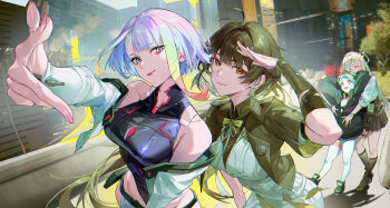 4girls absurdres bare_shoulders bigroll black_hair black_jacket black_leotard black_skirt blonde_hair blue_eyes blue_hair breasts closed_eyes closed_mouth colored_sclera colored_skin commentary_request crossover cyberpunk:_edgerunners cyberpunk_(series) cyborg dress eyeliner female_rover_(perpetual_spark)_(wuthering_waves) female_rover_(wuthering_waves) green_hair hair_ornament heattech_leotard highres hug indoors jacket large_breasts leg_tattoo leotard long_hair looking_at_viewer lucy_(cyberpunk) lynae_(wuthering_waves) makeup medium_breasts medium_hair multicolored_hair multiple_girls off-shoulder_jacket off_shoulder pink_tattoo rebecca_(cyberpunk) red_eyeliner red_lips red_sclera rover_(wuthering_waves) shirt skin_seams skirt smile tattoo turtleneck twintails white_dress white_shirt wuthering_waves yellow_eyes