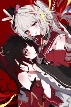2girls :d absurdres black_gloves brown_hair butterfly-shaped_pupils diamond_(shape) diamond_facial_mark diamond_on_cheek dress facial_mark flower_tattoo gloves gun hand_on_another's_head handgun heart heart_facial_mark heart_on_cheek highres honkai:_star_rail honkai_(series) japanese_clothes looking_at_another magnet_8_8 mark_under_both_eyes multiple_girls official_alternate_costume open_mouth red_background red_dress red_eyes red_sleeves revolver simple_background smile snubnosed_revolver sparkle_(honkai:_star_rail) sparxie_(honkai:_star_rail) symbol-shaped_pupils tattoo twintails weapon white_hair