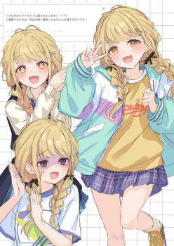 1girl black_overskirt black_ribbon black_vest blonde_hair blue_skirt blush braid braided_twintails commentary_request dress_shirt fang fujita_kotone gakuen_idolmaster green_jacket grey_eyes hair_ornament hair_ribbon hairclip hand_up hands_up hatsuboshi_gakuen_school_uniform highres hood hood_down hooded_jacket idolmaster jacket kuramoto_beta-carotene long_hair long_sleeves looking_at_viewer multiple_views odaibako open_clothes open_jacket open_mouth overskirt own_hands_together plaid_clothes plaid_skirt pleated_skirt purple_jacket purple_skirt request_inset ribbon school_uniform shirt skin_fang skirt standing standing_on_one_leg swept_bangs t-shirt twin_braids twintails v v_over_eye vest white_background white_jacket white_shirt yellow_eyes yellow_shirt yen_sign