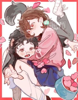 10matomat0 1boy 1girl animal_ears arms_around_neck ayase_momo black_hair black_jacket black_pants blue_skirt blush border bowl brown_eyes brown_hair brown_shoes couple crossed_bangs dandadan dog_ears dog_tail flying_saucer furrowed_brow gakuran glasses hair_between_eyes hetero jacket kemonomimi_mode loafers loose_socks medium_hair nervous_sweating open_mouth pants parted_bangs pet_bowl pink_sweater pleated_skirt red_border red_eyes round_eyewear school_uniform shoes short_hair sketch skirt sneakers socks spacecraft sweat sweatdrop sweater tail takakura_ken_(dandadan) white_background white_shoes