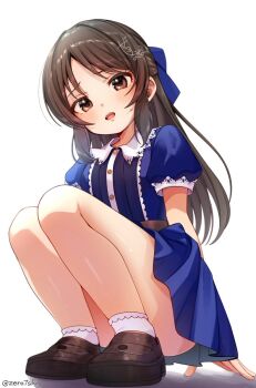 1girl arm_support blue_bow blue_dress bow brown_eyes brown_hair brown_shoes collared_dress commentary_request dress full_body hair_bow highres idolmaster idolmaster_cinderella_girls loafers long_hair looking_at_viewer open_mouth puffy_short_sleeves puffy_sleeves shoes short_sleeves socks solo squatting tachibana_arisu white_socks zero7shi