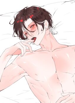1boy blush brown_hair collarbone commentary english_commentary hair_between_eyes hand_up highres honkai:_star_rail honkai_(series) licking licking_own_finger looking_at_viewer lying male_focus mr._reca_(honkai:_star_rail) nude on_back open_mouth pectorals red_eyes sanya_(sanya_lox228) short_hair solo tongue tongue_out upper_body white_background