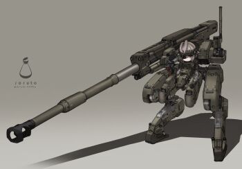 1girl absurdres armor artillery brown_hair cannon commentary_request digitigrade full_body grey_eyes head-mounted_display highres looking_at_viewer mecha_musume original science_fiction shadow short_hair smile solo soruto_0w98e standing