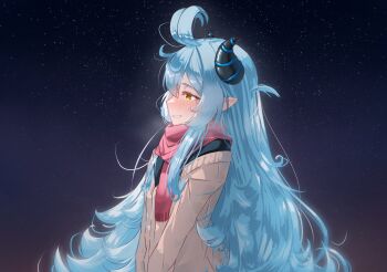1girl absurdres akugaki_koa antenna_hair black_horns black_shirt blue_hair blush brown_cardigan cardigan chromashift commentary demon_horns diamond-shaped_pupils diamond_(shape) fluffy_hair from_side half-closed_eyes heavy_breathing highres horns long_hair nean_black night night_sky nose_blush pointy_ears red_scarf scarf shirt sky smile spanish_commentary star_(sky) starry_sky symbol-shaped_pupils upper_body very_long_hair virtual_youtuber yellow_eyes