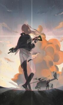 2017 3girls aircraft anni_de_chengzi_mao ar-15 black_shoes black_socks cloud commentary_request from_behind girls'_frontline gun helicopter highres holding holding_weapon kneehighs long_hair m4_sopmod_ii_(girls'_frontline) multiple_girls pink_hair rifle shoes skirt sky socks st_ar-15_(girls'_frontline) standing tactical_gloves thighhighs weapon white_skirt