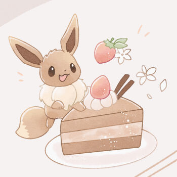 Rule 34 | :3, :d, brown eyes, brown fur, cake, cake slice, commentary request, eevee, flower, food, fruit, gen 1 pokemon, highres, mofucoffee, nintendo, no humans, open mouth, plate, pokemon, pokemon (creature), pokemon focus, smile, strawberry, white flower