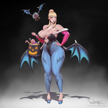 Rule 34 | 1girl, animal print, areola slip, bag, bat print, bat wings, blonde hair, blue eyes, blush, breasts, bridal gauntlets, candy, candy cane, candy corn, capcom, cleavage, clothing cutout, cosplay, crossover, curvy, darkstalkers, demon girl, feet, food, fur-trimmed leotard, fur trim, glowing, halloween, halloween costume, heart cutout, high heels, large breasts, latex, leotard, lollipop, long hair, low wings, metroid, metroid (creature), monster, monster girl, morrigan aensland, morrigan aensland (cosplay), nintendo, off-shoulder leotard, pantyhose, patreon username, pinkdrawz, platform heels, plump, ponytail, print pantyhose, red lips, revealing clothes, sagging breasts, samus aran, see-through clothes, see-through footwear, shadow, sidelocks, solo, thick thighs, thighs, watermark, web address, wide hips, wings