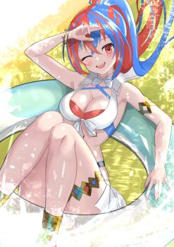 Rule 34 | 1girl, ;d, armlet, bare legs, bikini, blue bikini, blue eyes, blue hair, blush, breasts, cleavage, criss-cross halter, crossed bangs, female alear (fire emblem), female alear (seaside dragon) (fire emblem), fire emblem, fire emblem engage, fire emblem heroes, gold armlet, gold thighlet, halterneck, heterochromia, high heel sandals, high heels, highres, innertube, jewelry, large breasts, long hair, multicolored bikini, multicolored hair, multicolored swimsuit, nintendo, official alternate costume, official alternate hairstyle, one eye closed, open mouth, ponytail, red bikini, red eyes, red hair, sandals, showgirl skirt, smile, solo, split-color hair, swim ring, swimsuit, tarutaru193, thighlet, two-tone hair, very long hair, water, white bikini