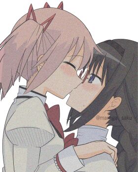2girls akemi_homura black_eyes black_hair bow closed_eyes commentary_request glasses highres kaname_madoka kiss long_hair looking_at_viewer mahou_shoujo_madoka_magica mannga_saku mitakihara_school_uniform multiple_girls pink_hair red_bow school_uniform shirt short_hair simple_background twintails twitter_username upper_body white_background yuri