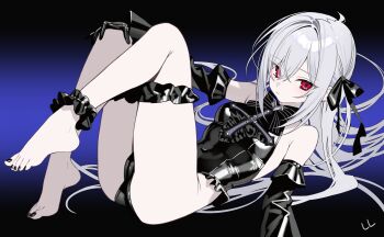 Rule 34 | 1girl, absurdres, ahoge, ankle scrunchie, barefoot, black background, black bow, black bowtie, black gloves, black leotard, black nails, black ribbon, black scrunchie, borrowed character, bow, bowtie, breasts, closed mouth, commentary request, crossed bangs, elbow gloves, feet, frilled thigh strap, gloves, grey hair, hair between eyes, hair ribbon, highres, knees up, leotard, ll 0109, long hair, looking at viewer, mearylis (yamanasi mikage), nail polish, original, pale skin, purple background, reclining, red eyes, ribbon, scrunchie, small breasts, solo, thigh strap, toenail polish, toenails, toes, two-tone background, very long hair