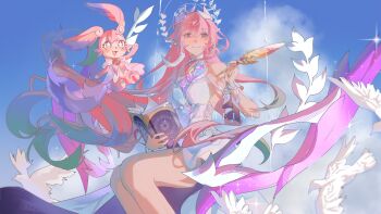 1girl aqua_hair as_i&#039;ve_written_(honkai:_star_rail) bird blue_eyes blue_sky book breasts cyrene_(demiurge)_(honkai:_star_rail) cyrene_(honkai:_star_rail) dove flower hair_flower hair_ornament halo hashtag-only_commentary highres holding holding_book holding_quill honkai:_star_rail honkai_(series) large_breasts long_hair mem_(honkai:_star_rail) multiple_girls on_swing pink_hair purple_eyes quill reinulu sky smile star-shaped_pupils star_(symbol) swing symbol-shaped_pupils thighs very_long_hair white_hair