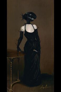 1girl alternate_form apron black_apron bomb bomb_devil_(chainsaw_man) brown_background chainsaw_man dynamite explosive faux_traditional_media fine_art_parody hand_on_table highres holding_dynamite john_singer_sargent_(style) looking_to_the_side melonasun object_head parody portrait_of_madame_x reze_(chainsaw_man) signature solo table twitter_username