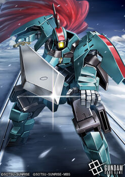 amasaki_yusuke copyright_logo copyright_name copyright_notice glint glowing glowing_eye graze_ritter gundam gundam_card_game gundam_tekketsu_no_orphans holding holding_sword holding_weapon logo looking_at_viewer mecha no_humans official_art one-eyed robot sky snow sword weapon