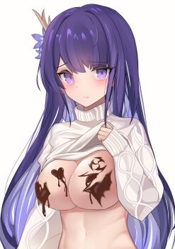1girl absurdres alternate_costume anguss blunt_bangs blush breasts chocolate chocolate_on_body chocolate_on_breasts cleavage closed_mouth commentary english_commentary food_on_body genshin_impact gradient_hair hair_down hair_ornament highres large_breasts lifting_own_clothes long_hair long_sleeves looking_at_viewer mole mole_under_eye multicolored_hair navel no_bra purple_eyes purple_hair raiden_shogun simple_background solo standing stomach streaked_hair sweater turtleneck turtleneck_sweater upper_body valentine white_background white_sweater