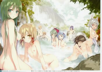 6+girls absurdres age_difference aki_minoriko aki_shizuha alternate_hairstyle animal_ears ass back bathing black_hair blonde_hair blue_eyes blush bottle breasts closed_eyes cloud completely_nude drinking flat_chest green_eyes green_hair hair_ornament hair_ribbon head_on_ass highres huge_filesize inubashiri_momiji kagiyama_hina kawashiro_nitori ke-ta kochiya_sanae loli long_hair looking_at_another looking_at_viewer looking_away looking_back medium_breasts moriya_suwako mountain_of_faith multiple_girls nature navel nipples nude one_eye_closed onsen open_mouth outdoors partially_submerged ponytail profile purple_hair ribbon sake_bottle scan shameimaru_aya short_hair silver_hair sitting sky small_breasts smile soaking_feet tail text_focus thighs touhou towel translation_request tree tree_shade twintails wading water waterfall wet wolf_ears wolf_tail yasaka_kanako yellow_eyes yuri