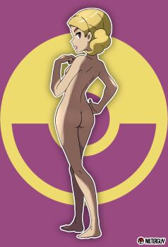 1girl absurdres armpits artist_name ass back barefoot beauty_(pokemon) blonde_hair breasts brown_hair clenched_hands collarbone completely_nude dimples_of_venus eyelashes feet female_focus fingernails from_behind full_body hand_on_own_chest hand_on_own_hip hand_up highres legs legs_together lipstick looking_at_viewer looking_back makeup nail_polish neck nilterguy nintendo npc_trainer nude nude_filter official_art_nude_filter poke_ball_symbol pokemon pokemon_oras profile purple_nails purple_toenails serious shoulder_blades side_ponytail sideboob soles standing swept_bangs thighs third-party_edit toenail_polish toenails toes turning_head two-tone_background unworn_clothes
