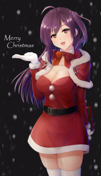 1girl absurdres ahoge arm_warmers blush box breasts brown_eyes capelet christmas cleavage commentary_request dress fur-trimmed_capelet fur_trim gift gift_box gloves hagikaze_(christmas)_(kancolle) hagikaze_(kancolle) highres holding holding_gift kantai_collection long_hair looking_at_viewer medium_breasts mittens official_alternate_costume one_side_up outdoors purple_hair red_capelet ribbon santa_costume santa_dress seiya_(iiseven) smile snowing solo thighhighs white_gloves white_mittens white_thighhighs