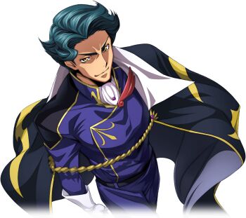 1boy arm_at_side artist_request ascot belt black_cape blue_hair blue_jacket blue_pants cape closed_mouth code_geass code_geass:_lost_stories cowboy_shot forehead from_above furrowed_brow game_cg gem gloves happy jacket jeremiah_gottwald lapel_pin long_sleeves looking_at_viewer male_focus military_uniform non-web_source official_art orange_eyes pants purple_gemstone short_hair smile solo standing v-shaped_eyebrows walking white_ascot white_gloves