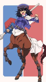 1girl absurdres andou_(girls_und_panzer) bc_freedom_military_uniform black_hair blue_jacket brown_hair centaur commentary_request erakin girls_und_panzer hat highres jacket looking_at_viewer monster_girl monsterification open_mouth school_uniform short_hair skirt solo sword taur weapon white_skirt