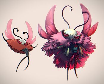 antennae arthropod_boy coat coat_on_shoulders cosplay donquixote_doflamingo donquixote_doflamingo_(cosplay) feather_coat full_body heart_antennae highres hollow_knight hollow_knight:_silksong jacket mememellowa one_piece outstretched_arms pants pink_coat red_pants reference_inset spread_arms standing trobbio_(hollow_knight) white_background
