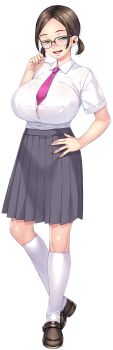 1girl akihara_shiho breasts brown_hair brown_shoes button_gap collared_shirt dress_shirt female_focus forehead freckles from_side full_body glasses green_eyes grey_skirt hand_on_own_hip hand_up happy head_tilt high-waist_skirt huge_breasts kneehighs knees looking_at_viewer low_twintails medium_skirt narrowed_eyes necktie open_mouth parted_bangs pleated_skirt purple_necktie school_uniform sexfri_osananajimi shirt shirt_tucked_in shoes short_hair short_sleeves short_twintails sidelocks simple_background skirt smile socks solo sumeragi_kohaku taut_clothes taut_shirt transparent_background twintails white_shirt white_socks