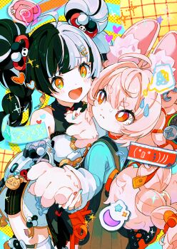 2girls absurdres animal_ear_fluff animal_ears bare_shoulders black_hair braid braided_twintails bright_pupils china_dress chinese_clothes detached_sleeves dialyn_(zenless_zone_zero) dress earrings furry furry_female hair_ornament highres jewelry long_hair multicolored_hair multiple_girls necktie nitanda_cona open_mouth phone pink_fur pink_hair rabbit_ears rabbit_girl red_eyes shirt short_eyebrows split-color_hair thick_eyebrows twin_braids white_hair yellow_eyes yellow_necktie zenless_zone_zero zhao_(zenless_zone_zero)