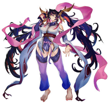 1girl action_taimanin breasts feet fingernails full_body japanese_clothes kimono large_breasts long_hair multicolored_hair nails nijimaarc pants purple_hair red_hair sharp_fingernails sharp_toenails smile taimanin_(series) toenails twintails two-tone_hair very_long_hair white_background yasuyama_yachiyo yellow_eyes
