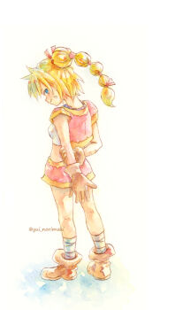 1girl arms_behind_back bandaged_leg bandages bead_necklace beads blonde_hair blue_eyes boots breasts brown_boots brown_gloves chrono_cross commentary_request crop_top cropped_jacket facial_mark facing_away from_behind full_body gloves gold_trim hair_ribbon jacket jewelry kid_(chrono_cross) looking_at_watch medium_breasts midriff miniskirt multi-tied_hair necklace ponytail red_jacket red_ribbon red_skirt ribbon shirt short_sleeves skirt smile solo twitter_username white_background white_shirt yui_norimaki