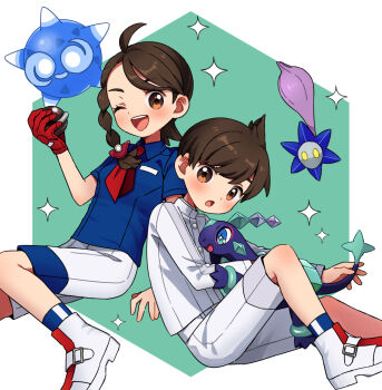 +_+ 1boy 1girl :o ahoge aqua_eyes blue_shirt blue_socks blueberry_academy_school_uniform blush boots braid bright_pupils brown_eyes brown_hair collared_shirt florian_(pokemon) gen_7_pokemon glimmet gloves highres holding holding_pokemon holding_tera_orb juliana_(pokemon) long_sleeves minior minior_(core) minior_(indigo_core) necktie nintendo one_eye_closed open_mouth pokemon pokemon_(creature) pokemon_sv red_gloves red_necktie rii_(pixiv11152329) school_uniform shirt short_hair short_sleeves shorts side_braid simple_background single_braid single_glove smile socks sparkle teeth tera_orb terapagos terapagos_(normal) upper_teeth_only white_boots white_pupils white_shirt white_shorts yellow_eyes