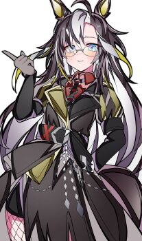 1girl absurdres ahoge animal_ears black_coat black_shorts blue_eyes blush brown_hair coat collared_shirt commentary_request cost dream_journey_(reminder_of_dreamland)_(umamusume) dream_journey_(umamusume) eyewear_strap fishnet_pantyhose fishnets glasses gloves hair_between_eyes highres horse_ears horse_girl kikkasoon long_hair long_sleeves looking_at_viewer multicolored_hair necktie pantyhose parted_lips puffy_sleeves red_shirt shirt shorts smile solo umamusume white_hair